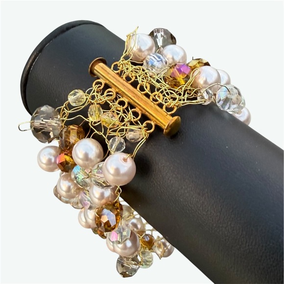 Crocheted Gold Wire, Faux Pearl and Crystal Beads Statement Cluster Bracelet - Picture 3 of 4